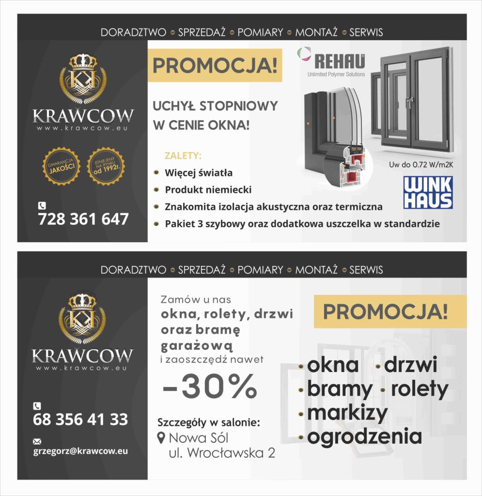 Ulotka reklamowa firmy Krawcow z Nowej Soli, oferującej okna, drzwi, bramy garażowe i rolety, prezentująca okno z uchylnym stopniem i zaletami, takimi jak więcej światła, niemiecki produkt...