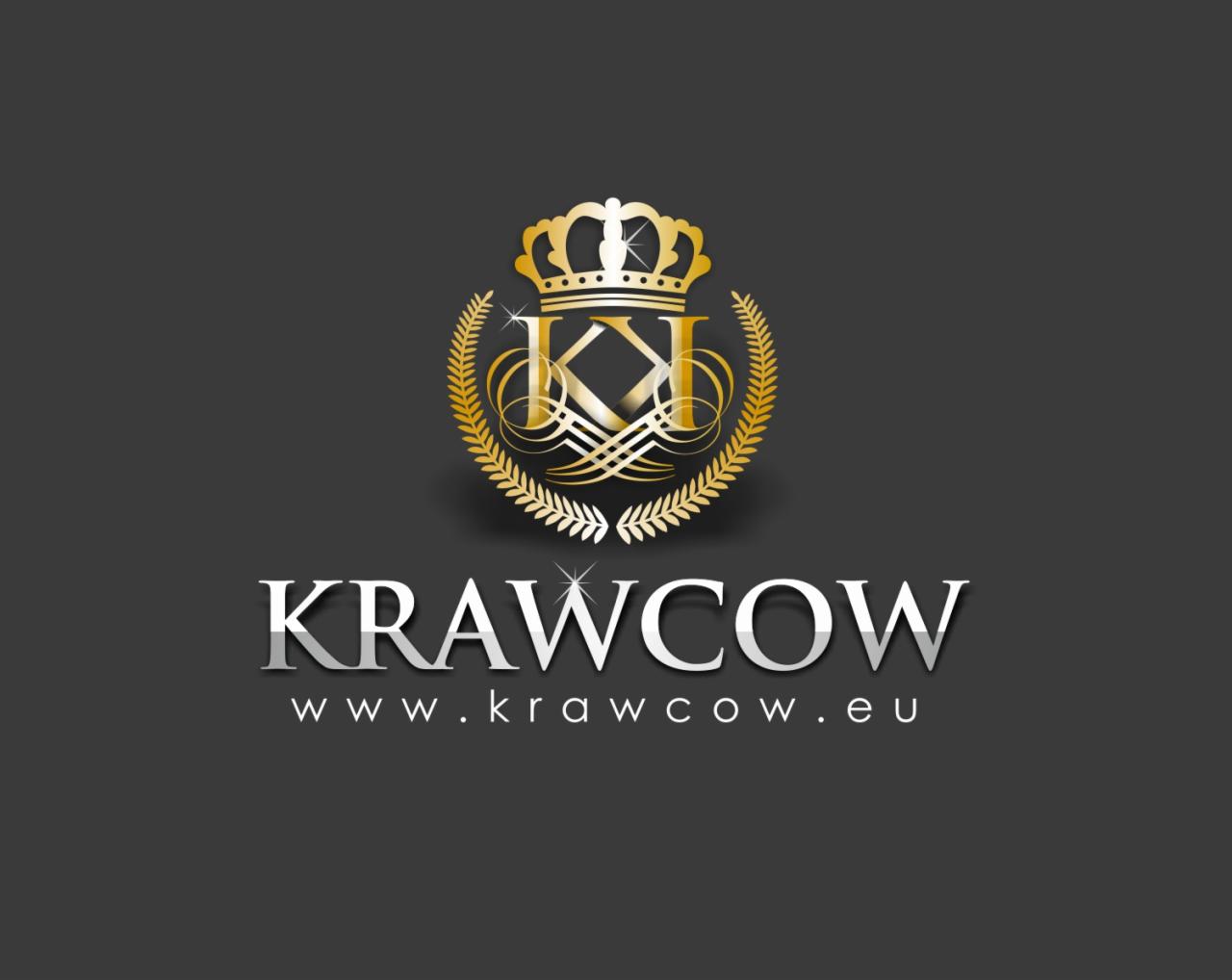 Złote logo firmy Krawcow z koroną, inicjałami KK wewnątrz wieńca i adresem strony internetowej na ciemnoszarym tle.