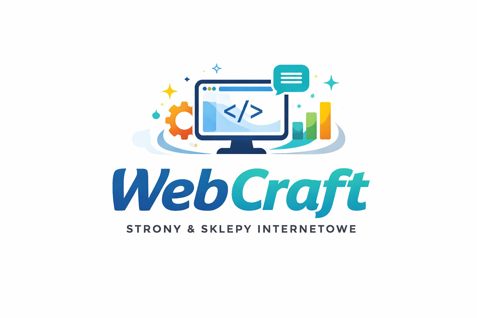Kolorowe logo WebCraft z ikoną monitora, kodem, kołem zębatym i wykresem słupkowym. Napis: Strony & Sklepy Internetowe.