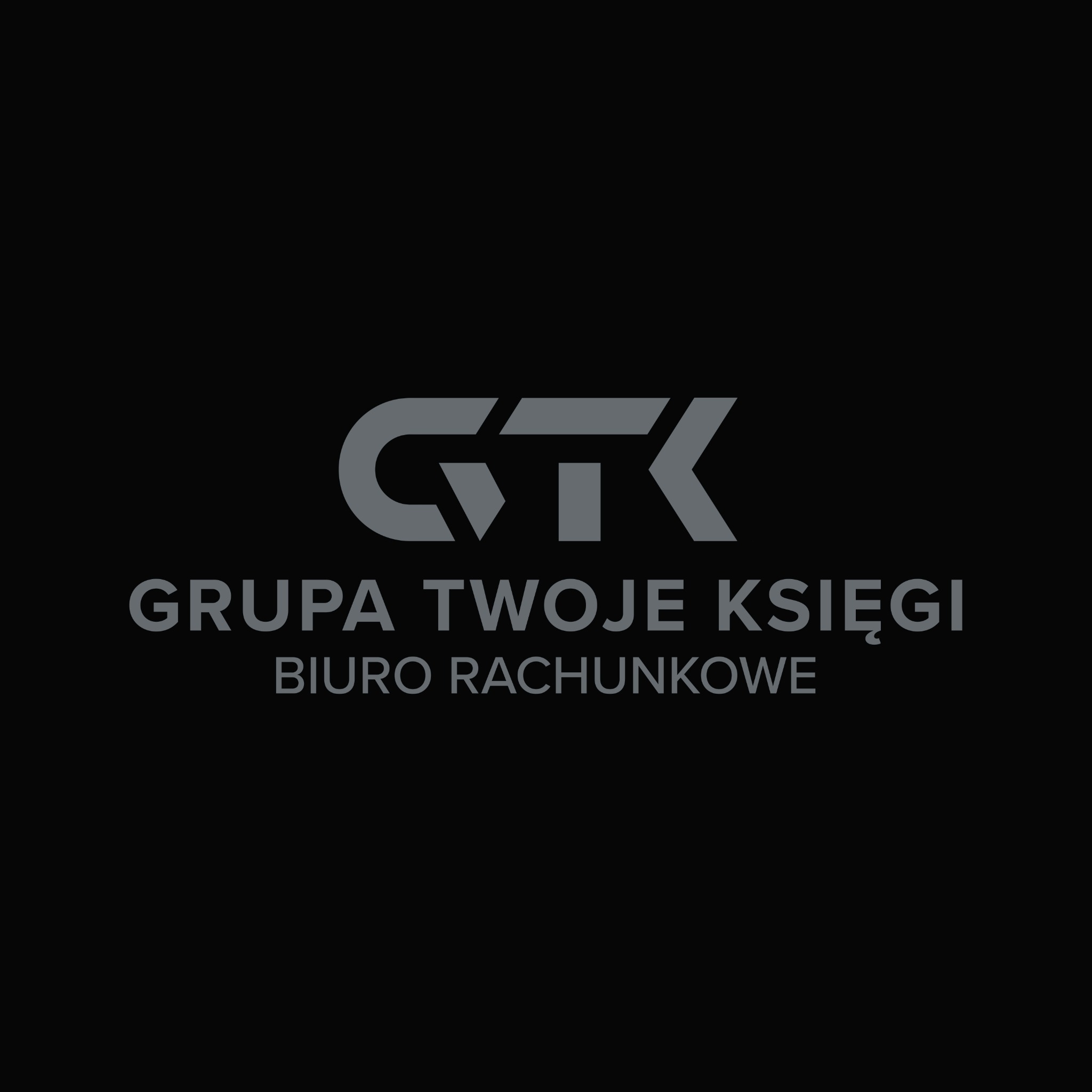 Logo biura rachunkowego 'Grupa Twoje Księgi' z szarym, geometrycznym symbolem GTK na czarnym tle. Minimalistyczny design.
