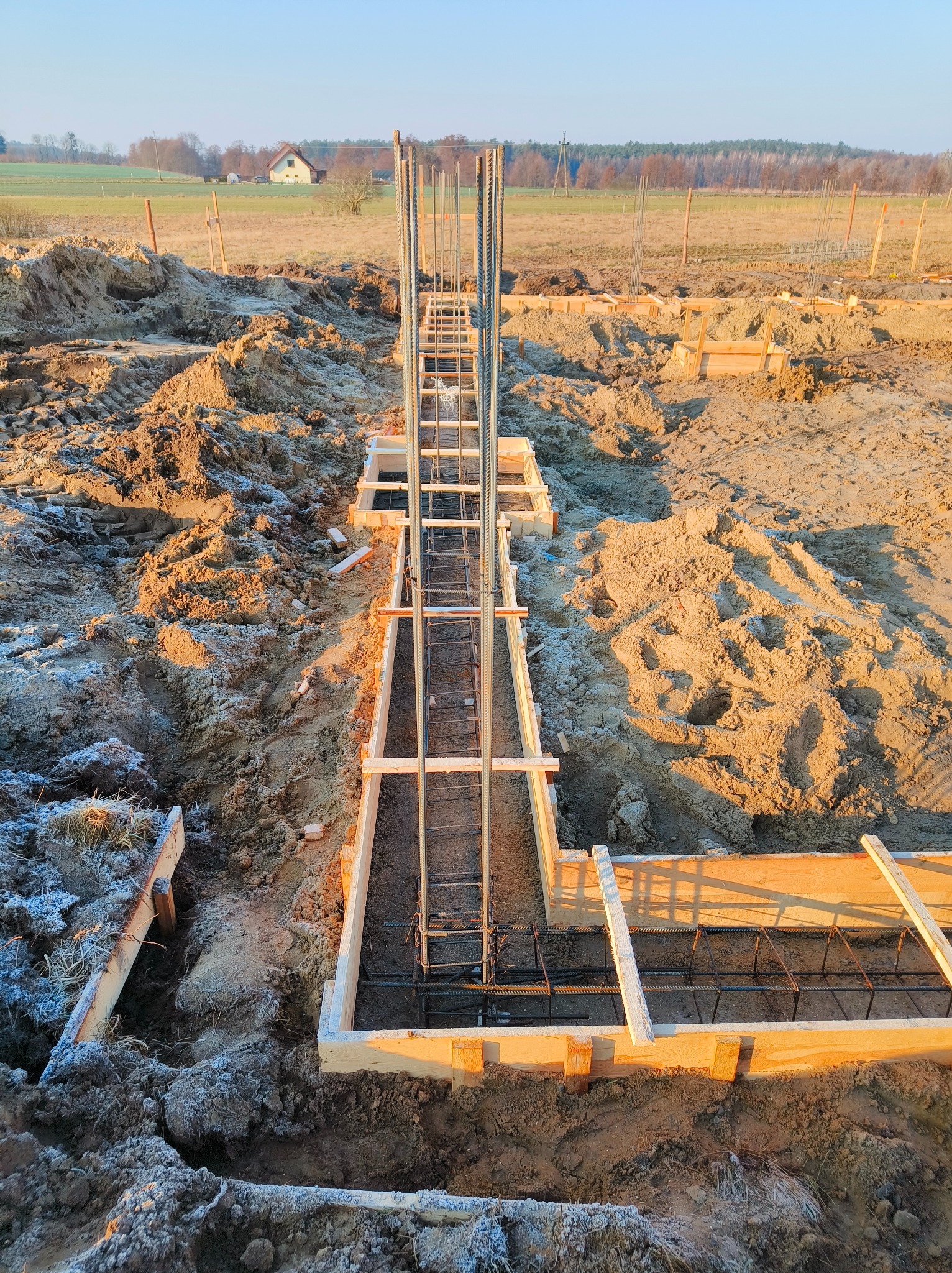 Zbrojenie pionowe i poziome w drewnianym szalunku fundamentów, widok z góry na wykop z ziemią, w tle krajobraz z domem i drzewami w porannym świetle.