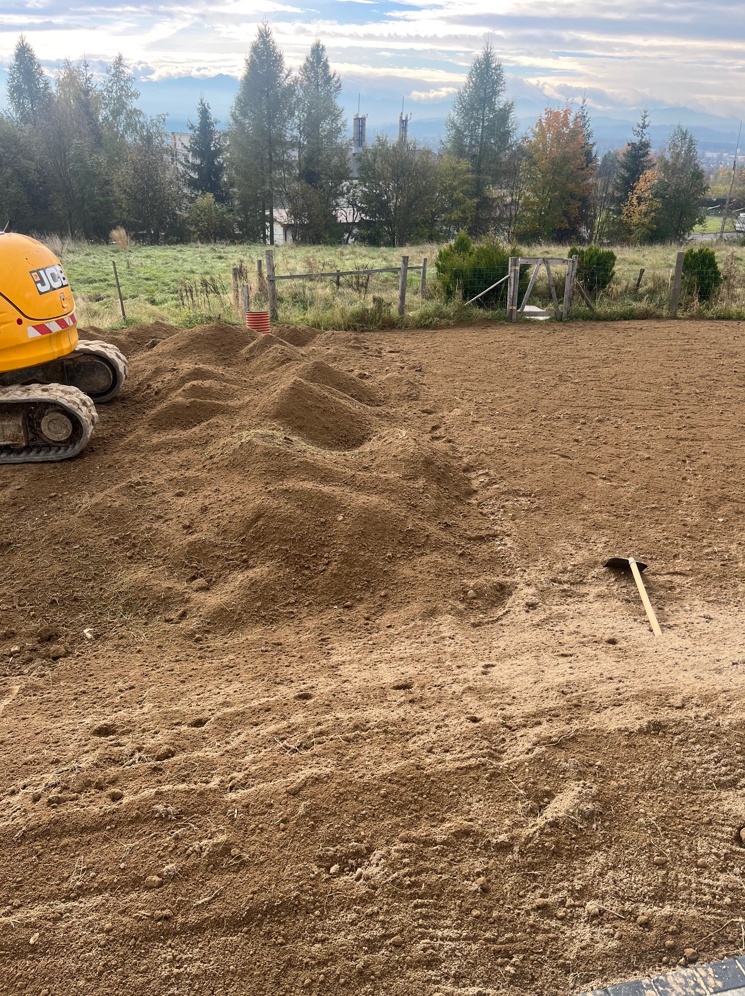 Żółta mini koparka JCB na wyrównanym terenie z pryzmami ziemi, w tle ogrodzenie i zabudowania. Widoczna łopata wbita w ziemię.