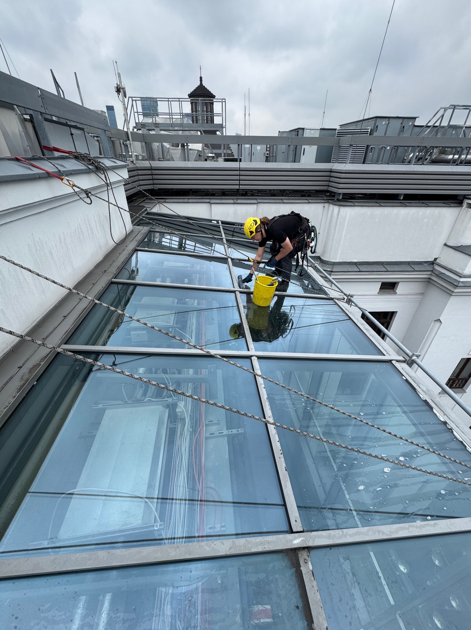 Pracownik w uprzęży, w żółtym kasku, myje szklany dach budynku z użyciem wiadra i myjki. Widoczne liny zabezpieczające i elementy konstrukcji dachu.