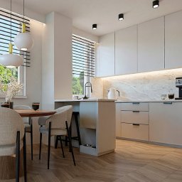 projekt apartamentu na osiedlu w Garnizonie - Gdańsk. Widok na aneks kuchenny