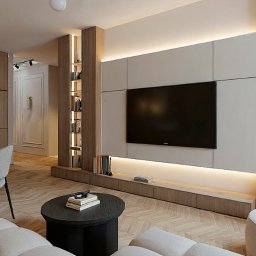 Widok na ściankę telewizyjną w salonie. Apartament na osiedlu Garnizon w Gdańsku