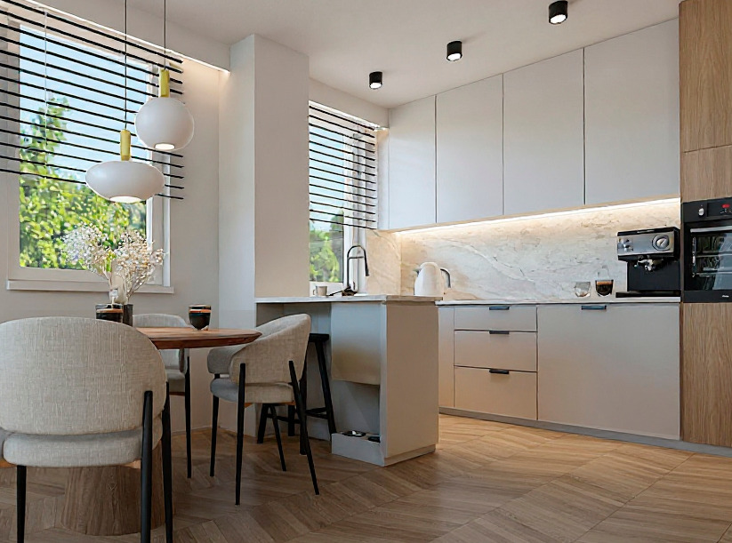 projekt apartamentu na osiedlu w Garnizonie - Gdańsk. Widok na aneks kuchenny