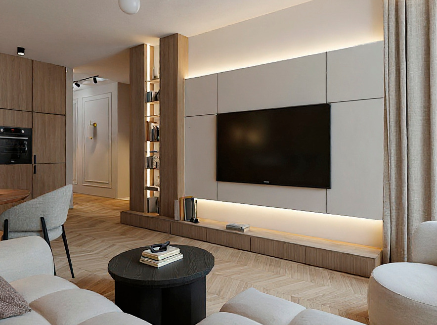 Widok na ściankę telewizyjną w salonie. Apartament na osiedlu Garnizon w Gdańsku