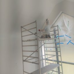 FachNaTak - Pracownik w kombinezonie maluje ścianę natryskowo z rusztowania. Zabezpieczone okno folią malarską. Ściana w jasnym odcieniu szarości, widoczne niedoskonałości.