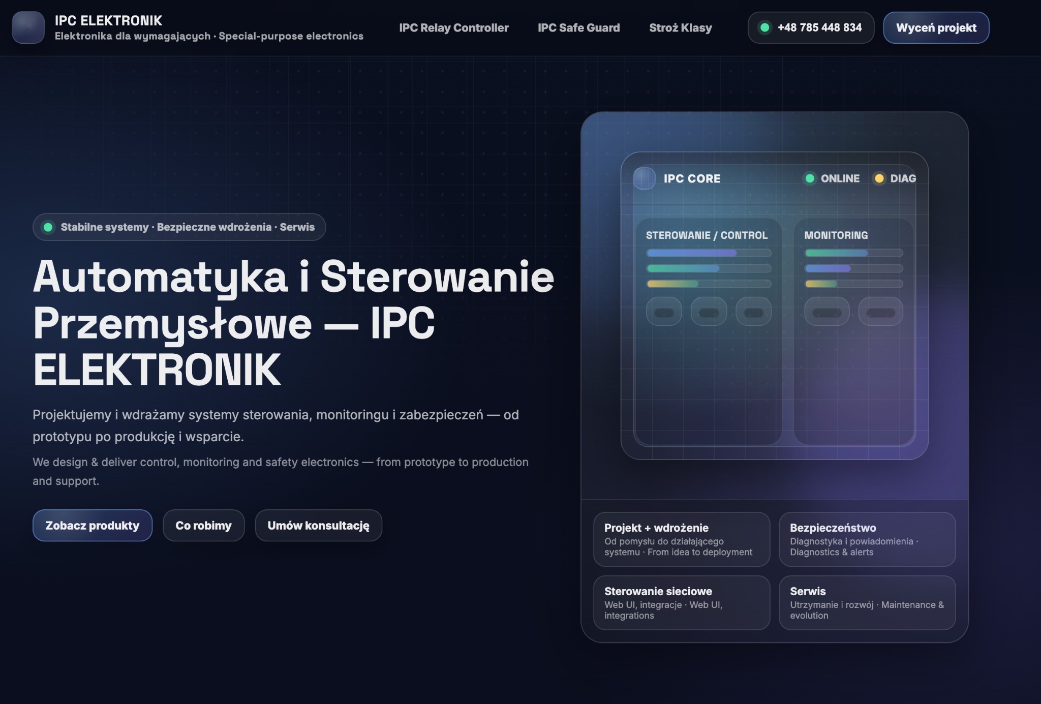Strona internetowa IPC Elektronik z systemami sterowania i monitoringu. Graficzny interfejs z zakładkami: Sterowanie/Control, Monitoring, Online, Diag. Nowoczesny design.