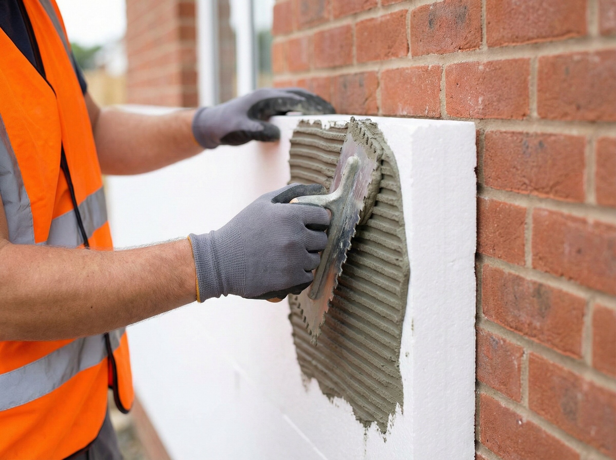 Nakładanie kleju na białą płytę styropianową przy ceglanej ścianie. Widoczne ręce w szarych rękawicach i pomarańczowa kamizelka. Praca z użyciem kielni.
