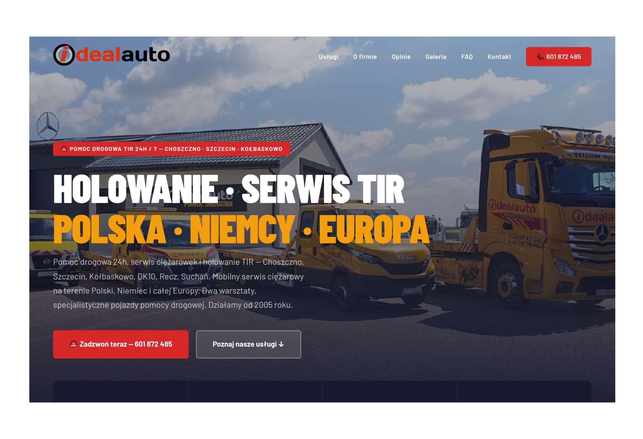Strona internetowa firmy Dealauto z ofertą holowania i serwisu TIR w Polsce, Niemczech i Europie. Żółte ciężarówki pomocy drogowej na tle strony. Kontakt telefoniczny widoczny.