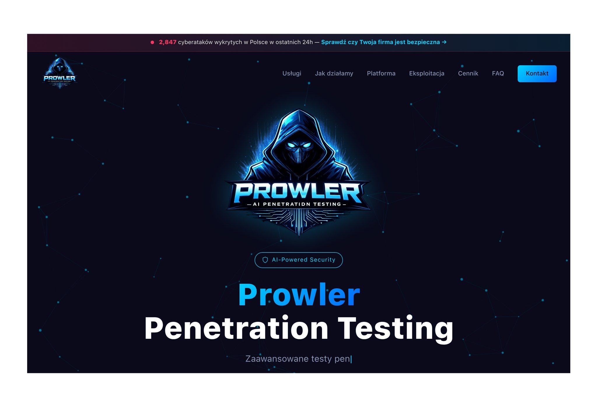 Strona internetowa firmy Prowler, specjalizującej się w testach penetracyjnych z wykorzystaniem AI. Ciemne tło, futurystyczny design, logo z motywem cybernetycznym.