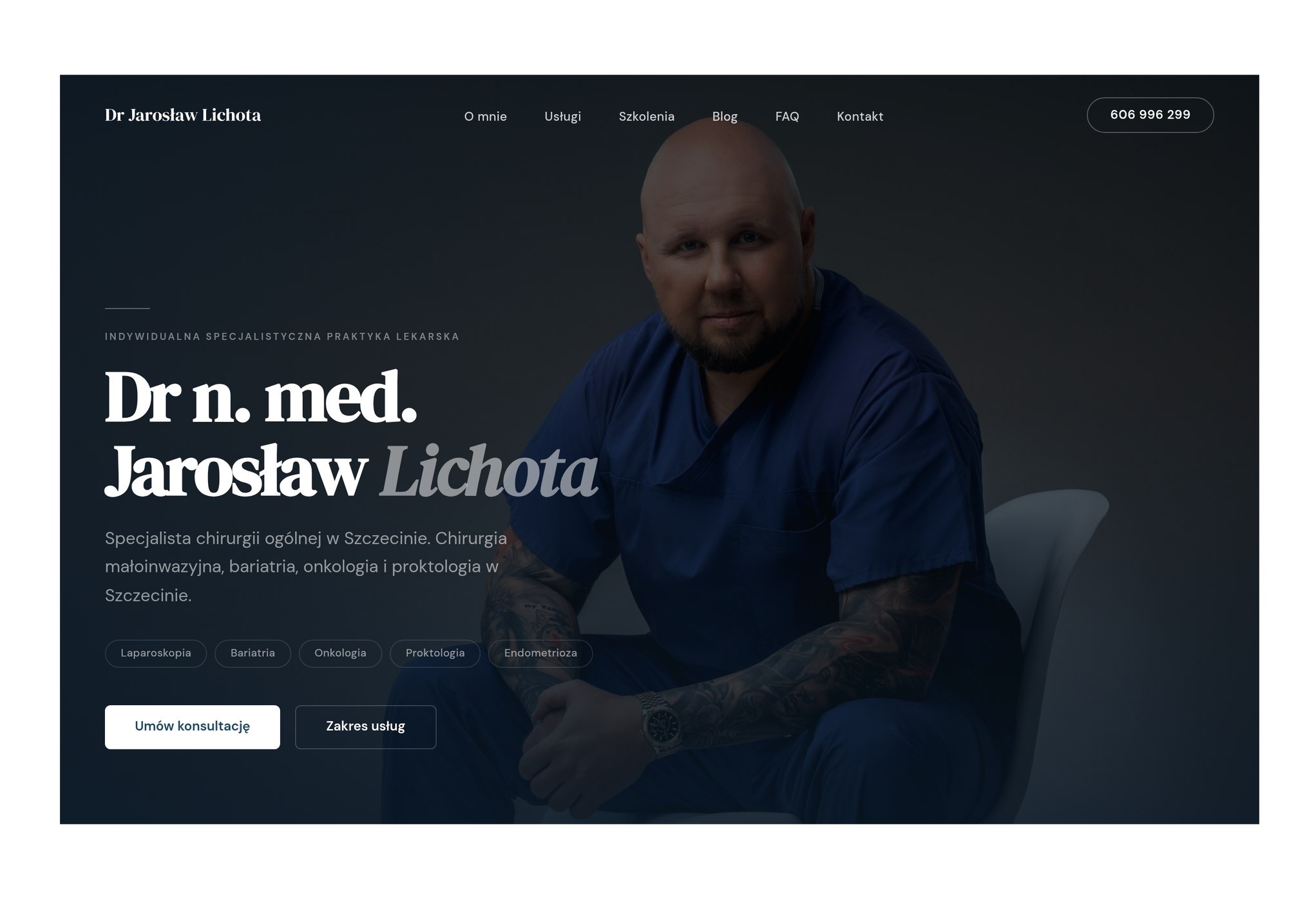 Strona internetowa lekarza Jarosława Lichoty z jego portretem, menu nawigacyjnym i informacjami o specjalizacjach: chirurgia ogólna, onkologia, proktologia.
