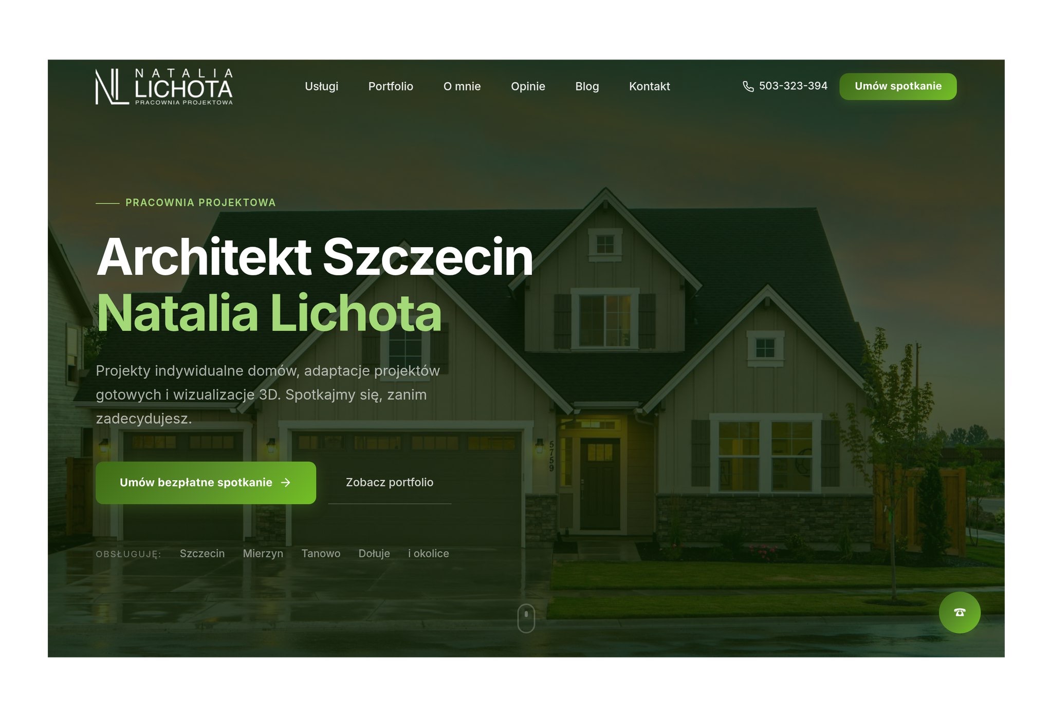 Strona internetowa architekta z wizualizacją domu. Pracownia projektowa Natalia Lichota oferuje projekty indywidualne, adaptacje i wizualizacje 3D w Szczecinie.