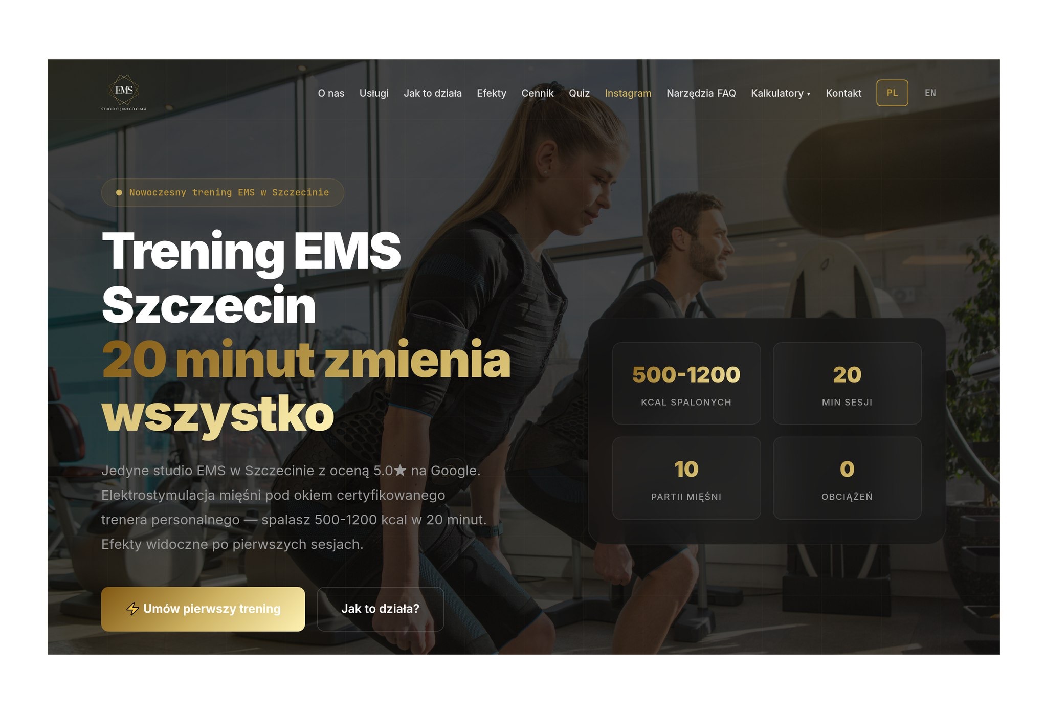 Strona internetowa studia EMS w Szczecinie z informacjami o treningu: spalanie kalorii, czas sesji, partie mięśni. Nowoczesny design z elementami graficznymi i zdjęciami osób ćwiczących.