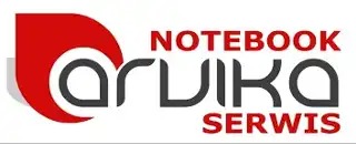 Logo firmy 'Notebook Serwis Aruika' z czerwonym elementem graficznym i szarym napisem, na białym tle. Minimalistyczny design.