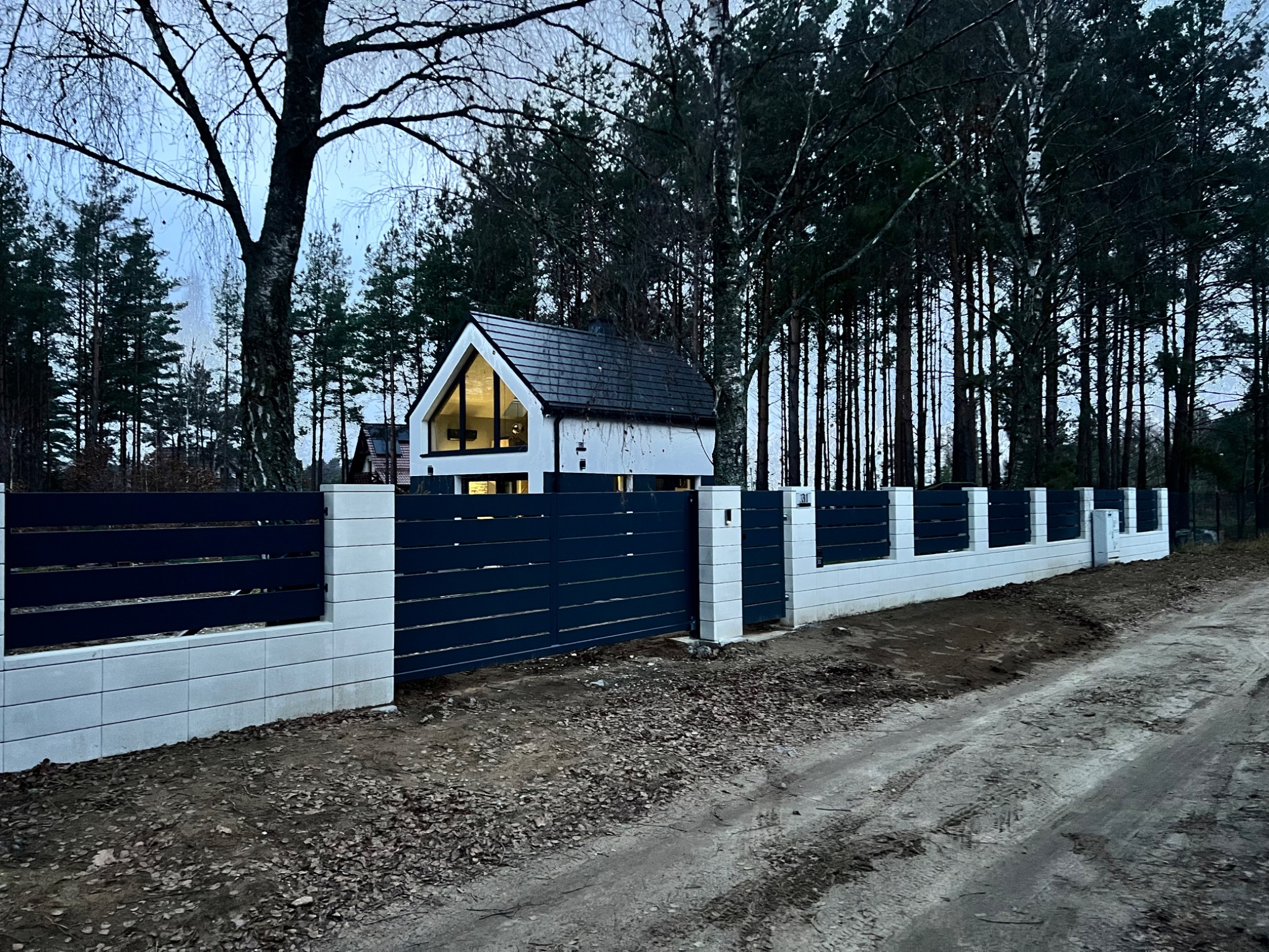 Nowoczesny dom jednorodzinny z ciemną stolarką okienną i ogrodzeniem z betonowych bloczków, otoczony lasem. Ujęcie z poziomu gruntu, widoczna droga gruntowa.