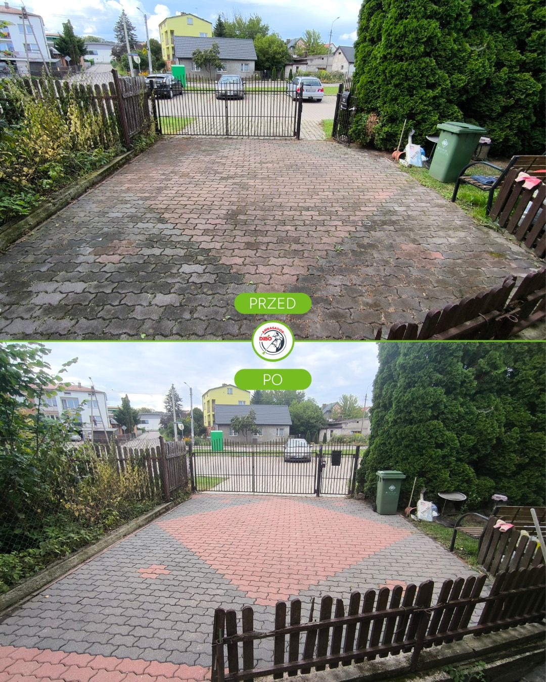 Kostka brukowa przed i po czyszczeniu, widok na posesję z bramą wjazdową. Ciemna kostka z mchem i czysta, z wzorem w romby. Efekt 'przed i po' z bliska.
