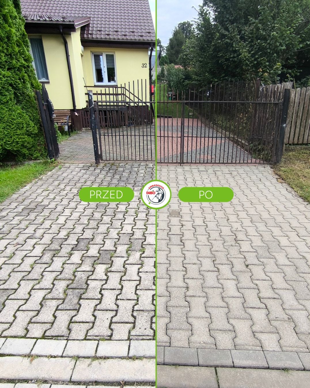 Kostka brukowa przed posesją, podzielona pionową linią na część brudną ('Przed') i czystą ('Po'), prezentująca efekt umycia. Widoczny dom z numerem 32 w tle.