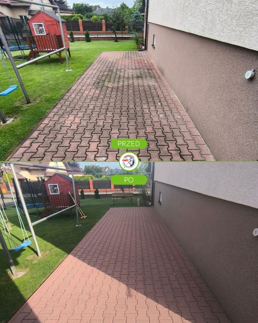Kostka brukowa przed i po czyszczeniu, widok z góry. Po lewej stronie trawnik z placem zabaw, po prawej ściana budynku. Efekt czyszczenia jest wyraźnie widoczny.