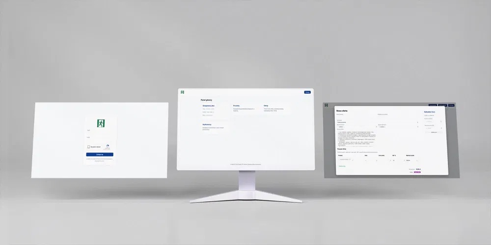 Trzy ekrany z interfejsem użytkownika, w tym panel główny, formularz logowania i nowa oferta, na białym tle. Minimalistyczny design, czyste linie.