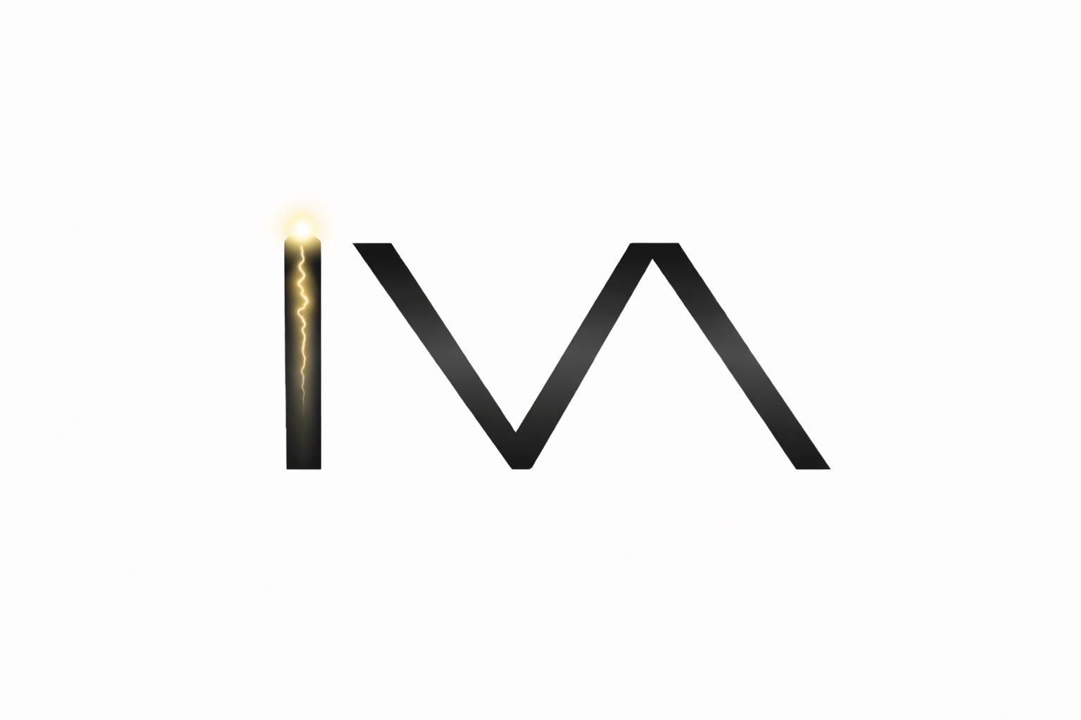 Abstrakcyjna grafika: czarne litery 'IM' z błyskawicą w miejscu litery 'I' na białym tle. Minimalistyczny design z efektem świetlnym.