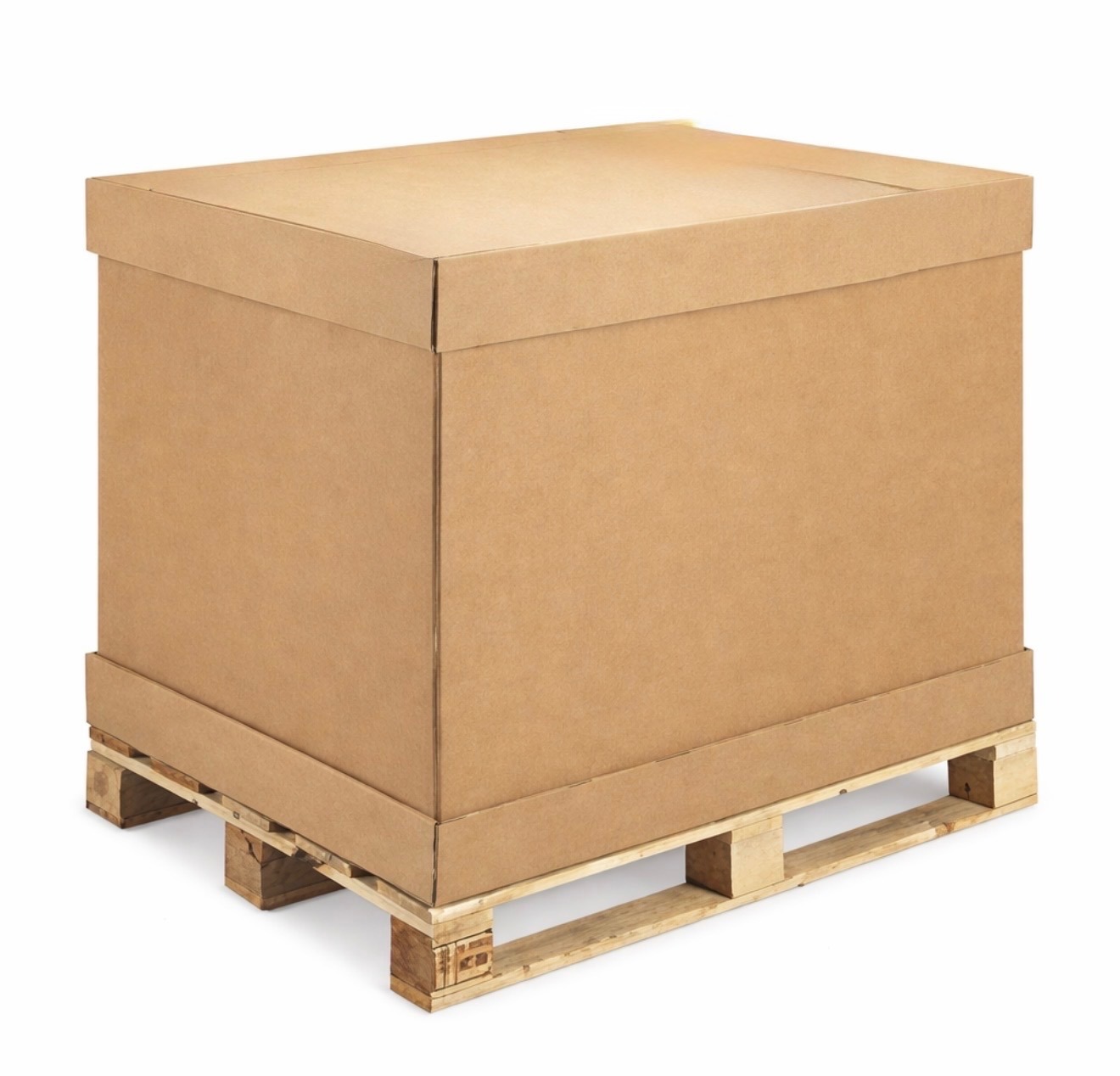 Kartonowe opakowanie zbiorcze z wieczkiem, umieszczone na drewnianej palecie. Widok z przodu, neutralne oświetlenie, białe tło.