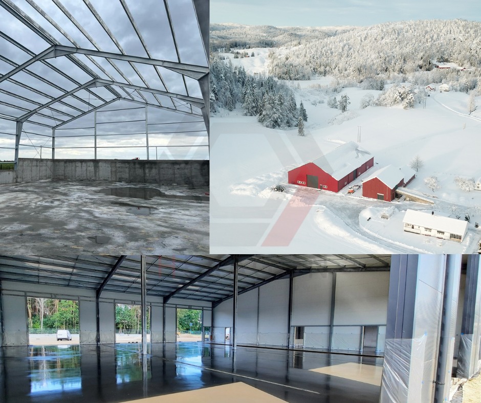 Kompozycja czterech zdjęć: konstrukcja stalowa hali w budowie, zimowy krajobraz z czerwonymi budynkami, wnętrze hali z połyskiem na podłodze i elementy konstrukcyjne.