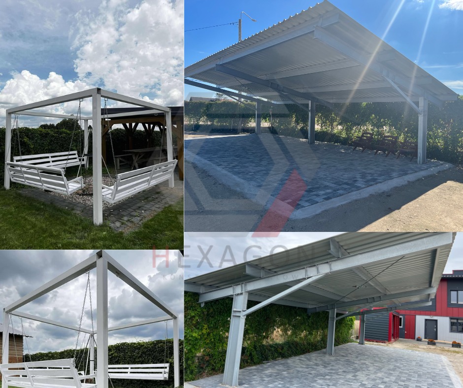 Kompozycja: metalowa pergola z huśtawkami i wiata z metalową konstrukcją, zadaszenie z blachy trapezowej, kostka brukowa. Nowoczesny design, jasne kolory.