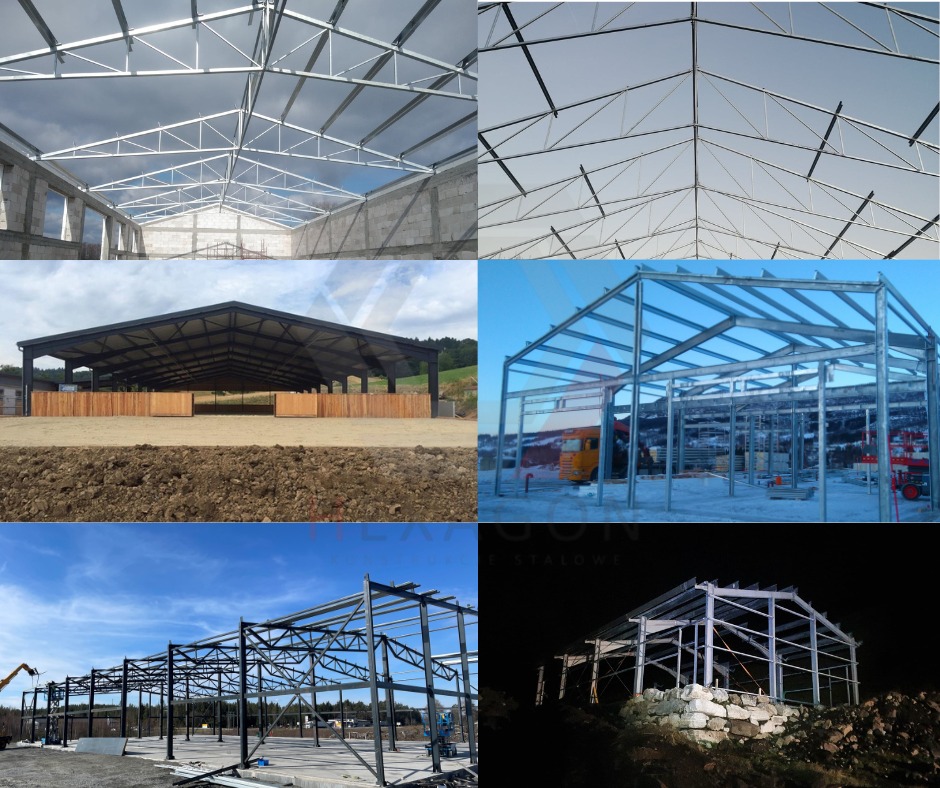 Kompozycja sześciu zdjęć ukazujących etapy budowy hal stalowych, od szkieletu po częściowo ukończone konstrukcje w różnych warunkach oświetleniowych i otoczeniu.