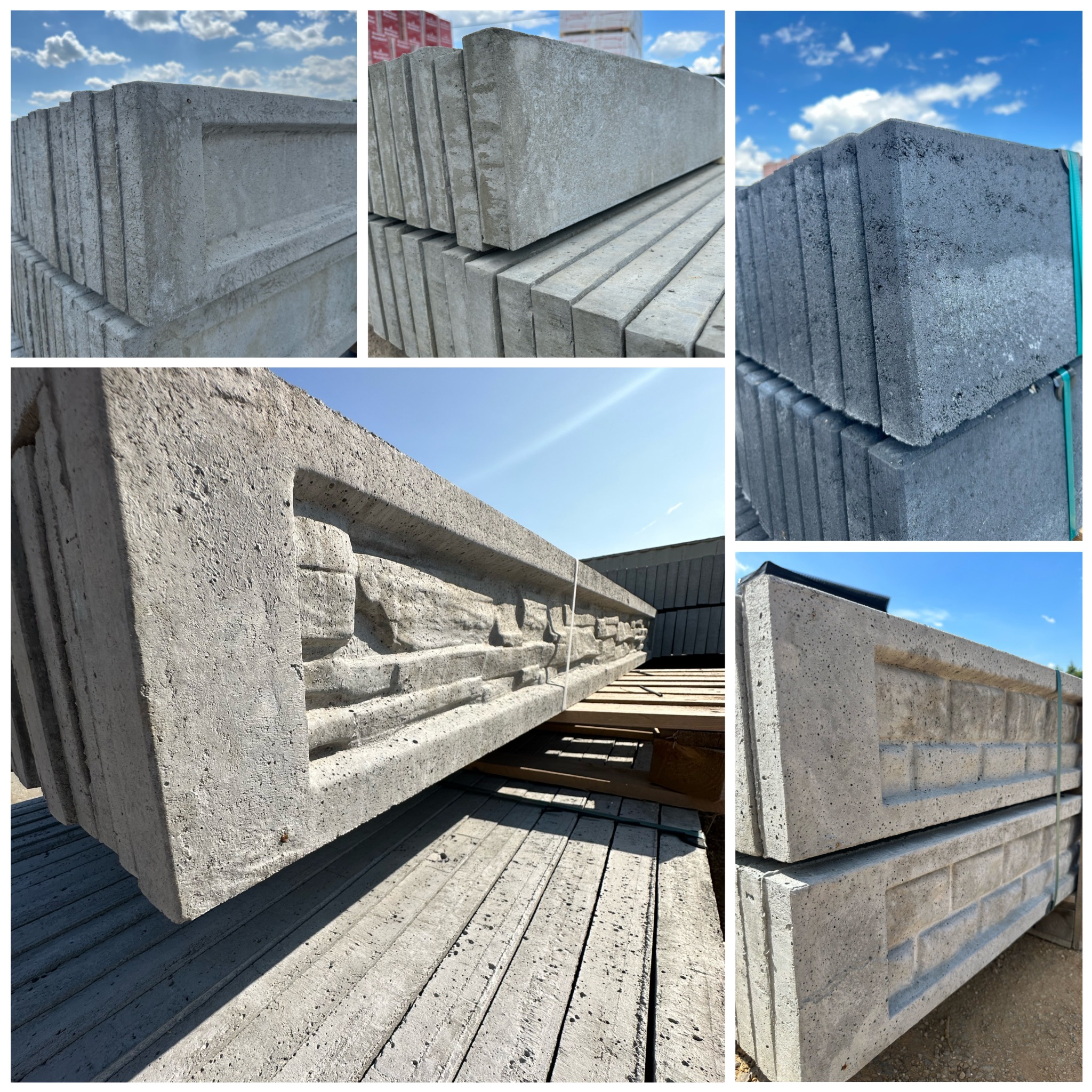 Betonowe prefabrykaty ogrodzeniowe z dekoracyjnym wzorem, ułożone na paletach. Widoczne detale faktury betonu i wykończenia. Elementy gotowe do montażu ogrodzenia.