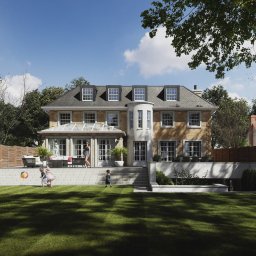 Michał Góral U3D - Elegancki, dwupiętrowy dom z cegły z oranżerią i tarasem, otoczony zielonym trawnikiem. Dzieci bawią się na trawie, a kobieta stoi na schodach.