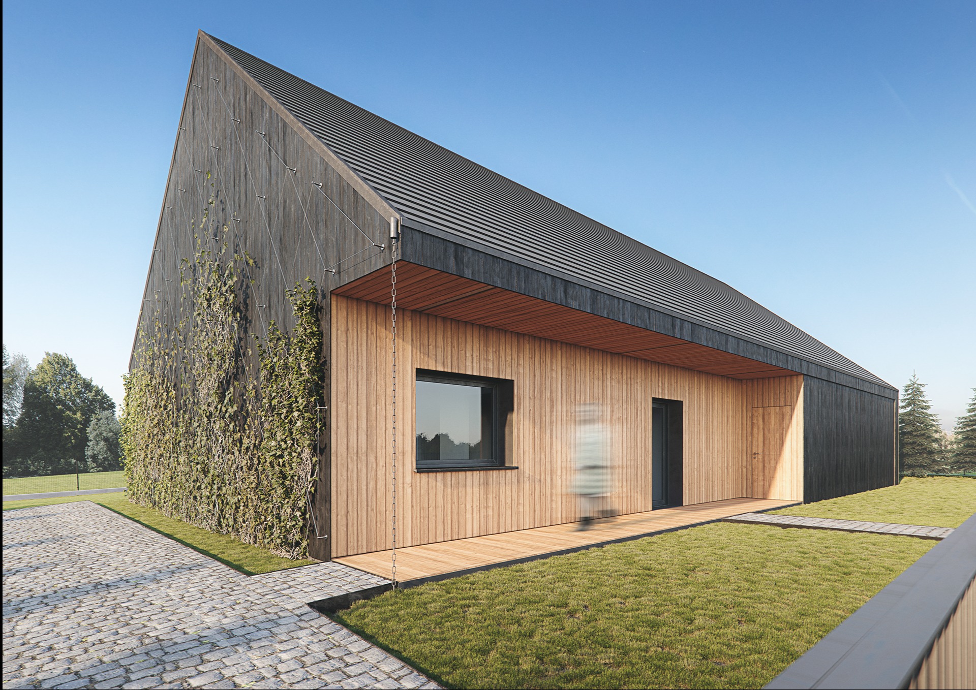 Nowoczesny dom z drewnianą elewacją, porośniętą bluszczem, pod kątem. Minimalistyczny design, czarne akcenty, kostka brukowa i trawnik. Architektura skandynawska.