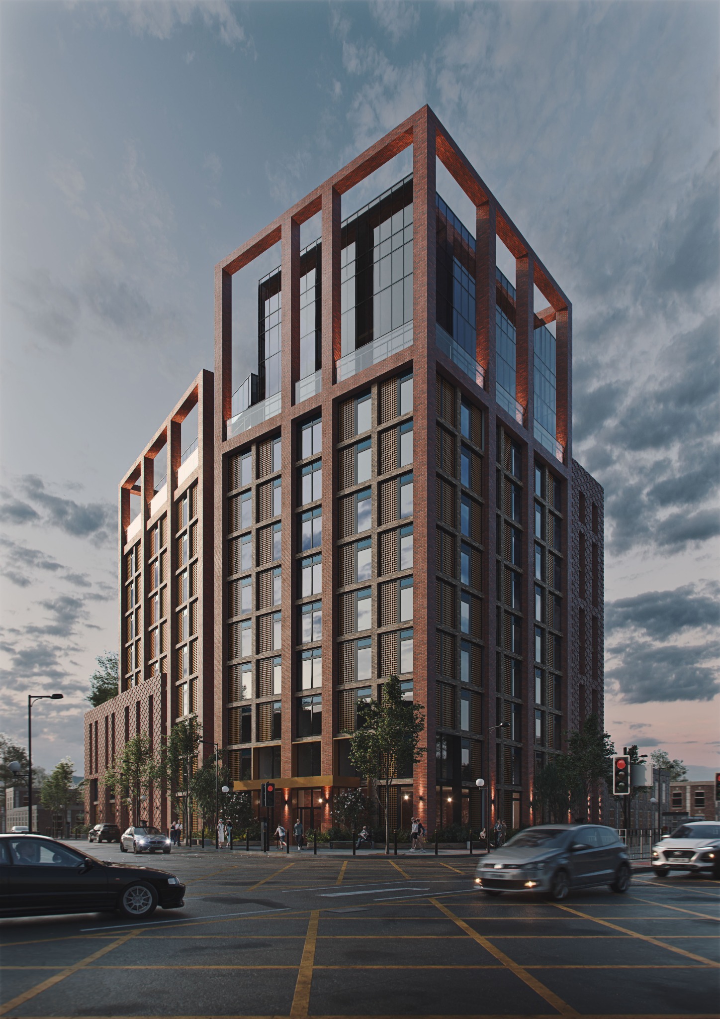 Wizualizacja budynku usługowego z cegły z dużymi oknami, widoczna z perspektywy ulicy z przejeżdżającymi samochodami i przechodniami, oświetlona wieczornym światłem.