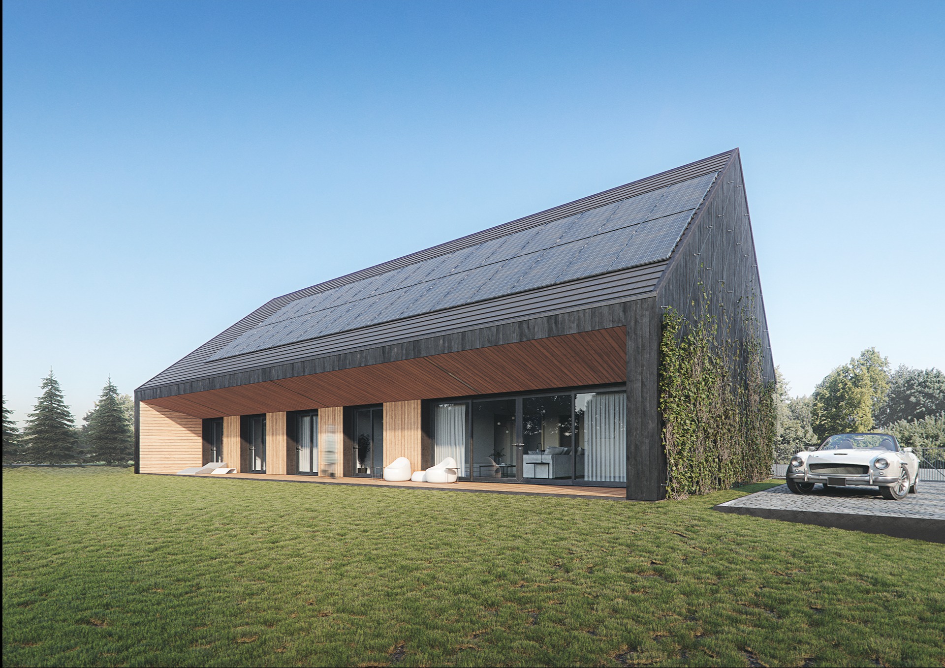 Wizualizacja nowoczesnego domu z panelami słonecznymi na dachu, drewnianą elewacją i pnącą roślinnością. Obok zaparkowany klasyczny kabriolet.