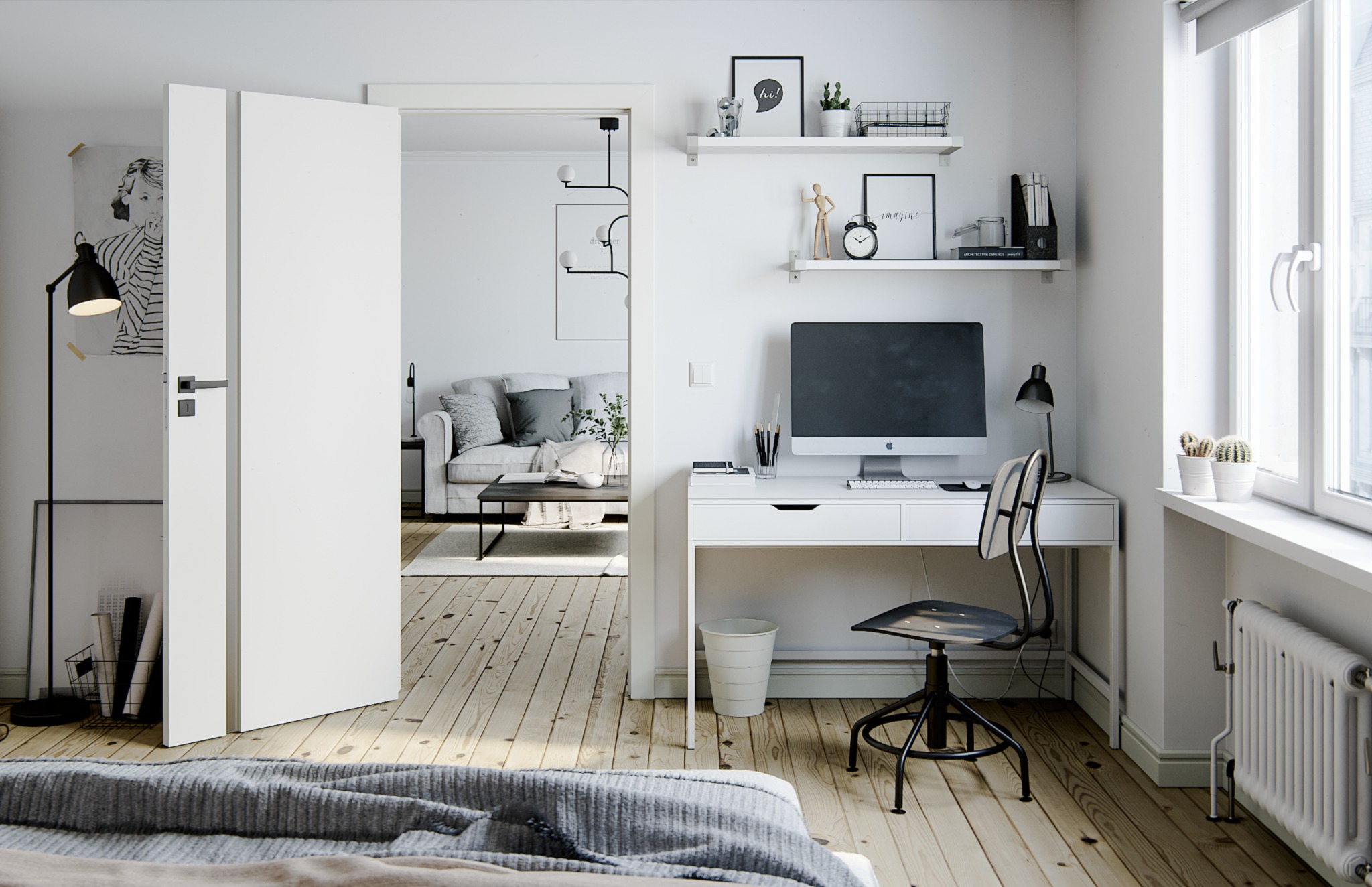 Nowoczesny pokój z biurkiem i komputerem w Andrychowie. Białe ściany, drewniana podłoga, minimalistyczne dodatki. Widok na salon przez otwarte drzwi.
