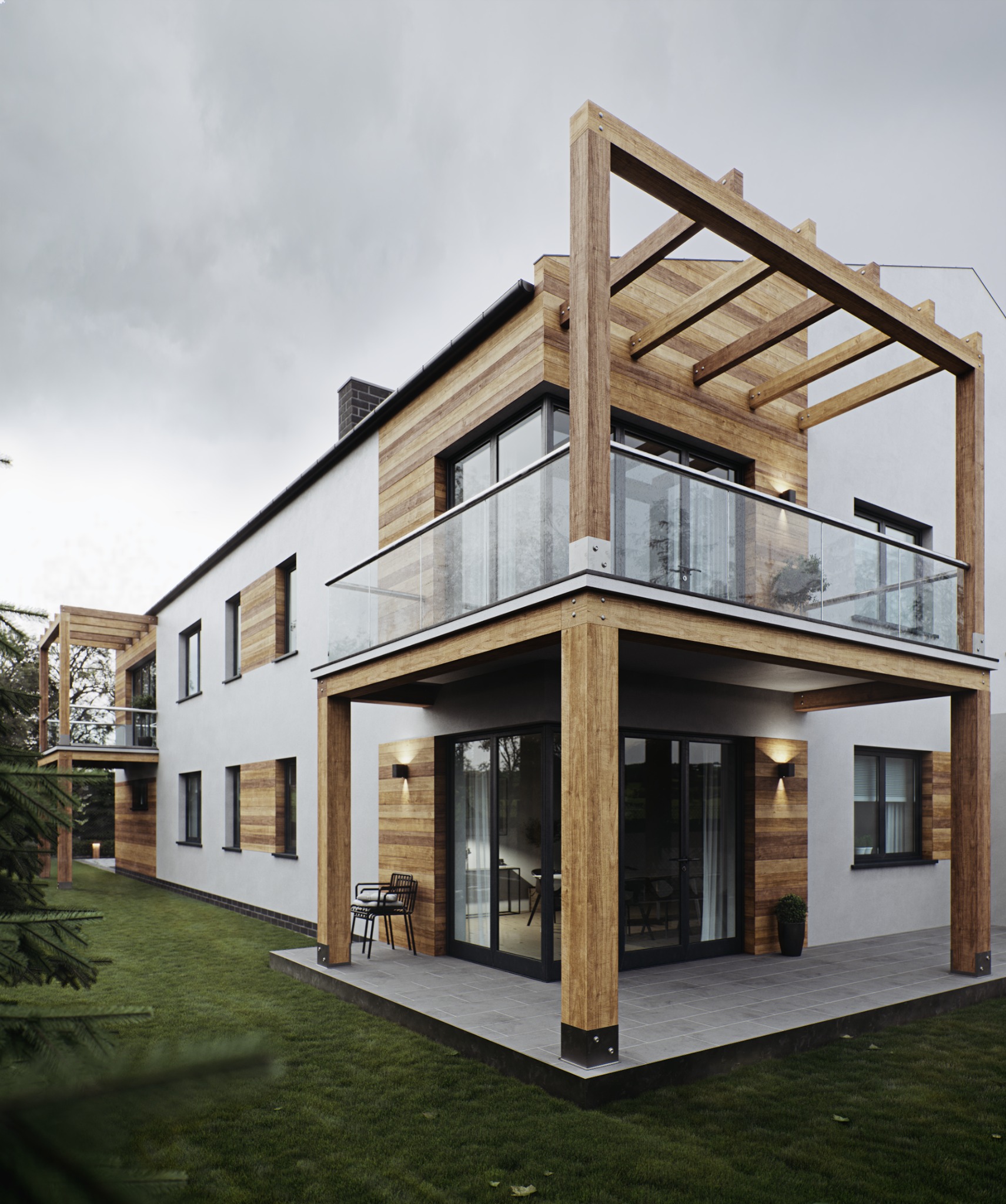 Nowoczesny dom z drewnianą elewacją i pergolą, widok z ogrodu. Duże okna, szklane balustrady, minimalistyczne meble ogrodowe. Architektura z naturalnych materiałów.