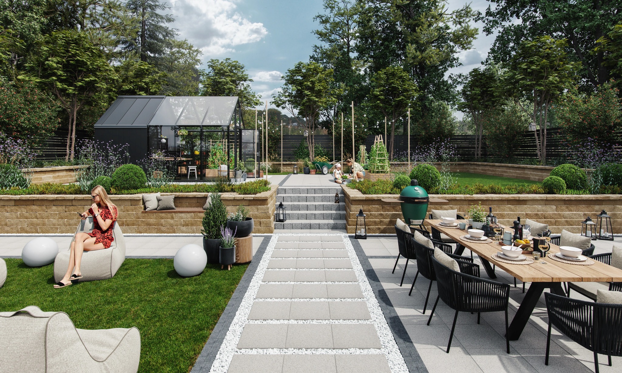 Nowoczesny ogród z przeszkloną oranżerią, kamiennymi ścieżkami, tarasem z jadalnią i wypoczywającą kobietą na pufie. Architektura krajobrazu z dbałością o detale.