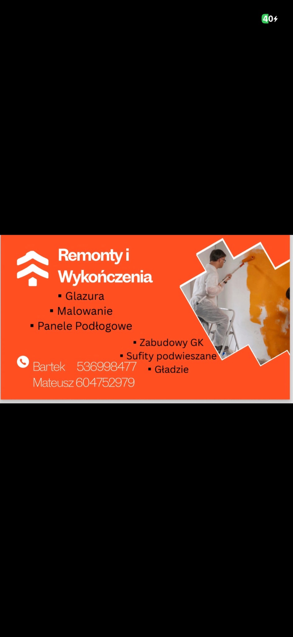 Grafika reklamowa: malarz na drabinie maluje ścianę na pomarańczowo. Oferta usług remontowych: glazura, malowanie, panele, zabudowy GK, sufity podwieszane, gładzie. Kontakt: Bartek, Mateusz.