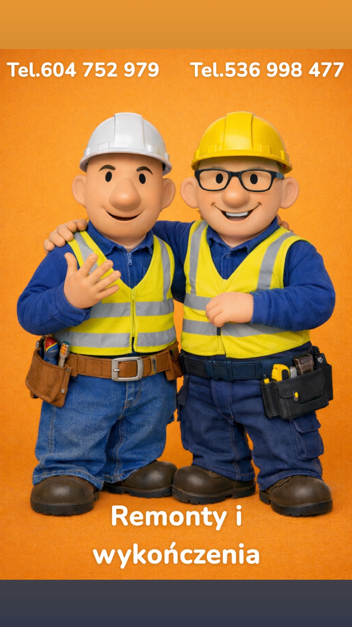 Dwóch uśmiechniętych, animowanych budowniczych w kaskach i narzędziami, na pomarańczowym tle z numerami telefonów i napisem 'Remonty i wykończenia'.