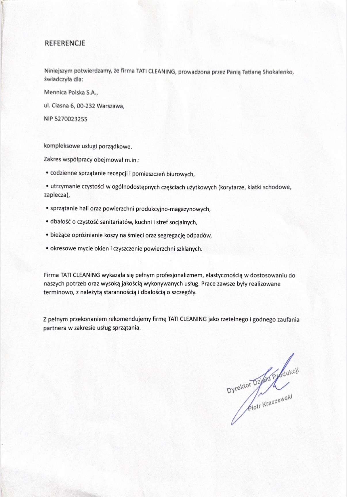 Referencje dla firmy TATI CLEANING od Mennica Polska S.A. za kompleksowe usługi porządkowe, w tym sprzątanie biur, hal, mycie okien i dbałość o sanitariaty.