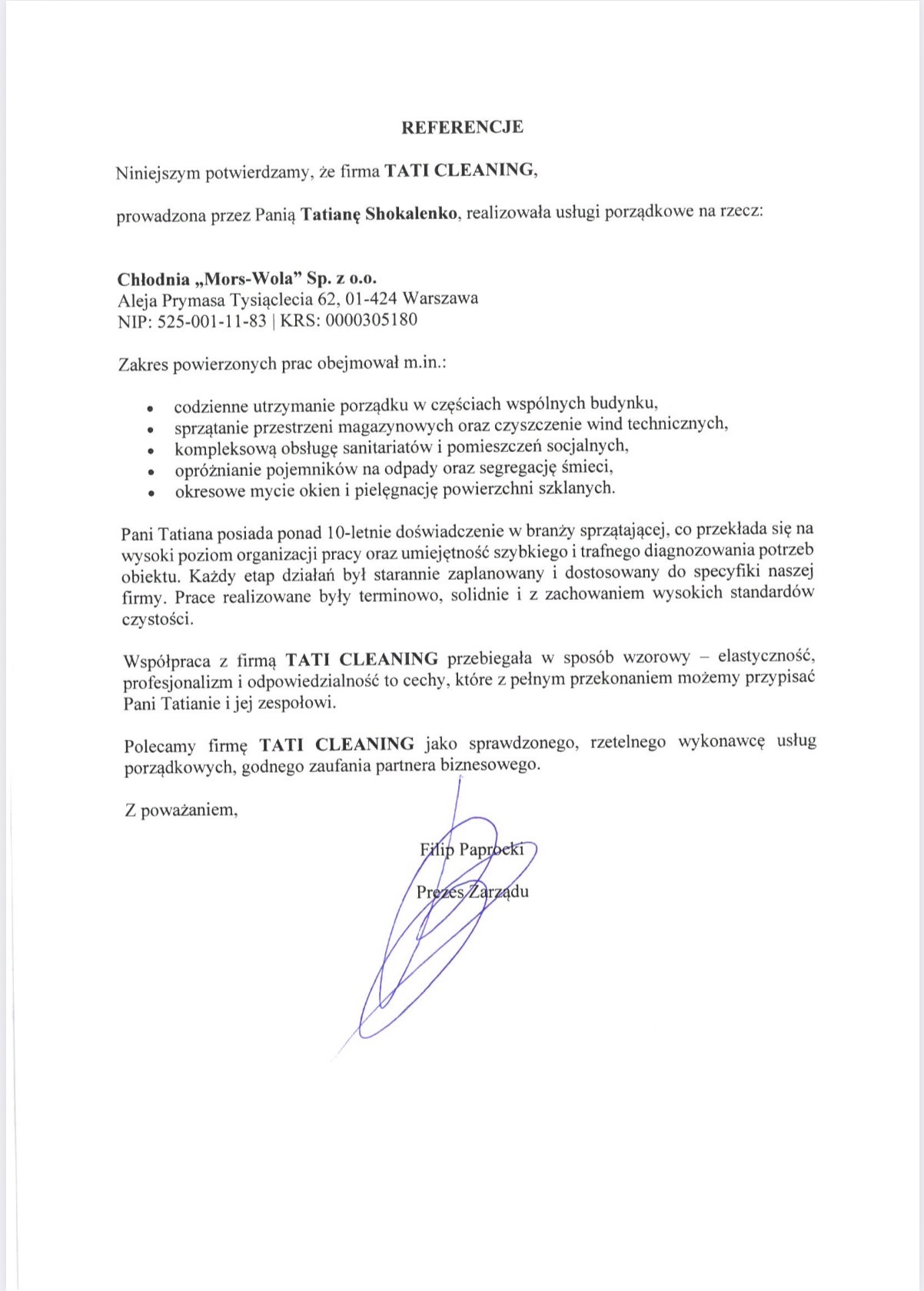 Referencje dla firmy sprzątającej TATI CLEANING, potwierdzające realizację usług porządkowych w Chłodni Mors-Wola, z wyszczególnionym zakresem prac i podpisem Prezesa Zarządu.