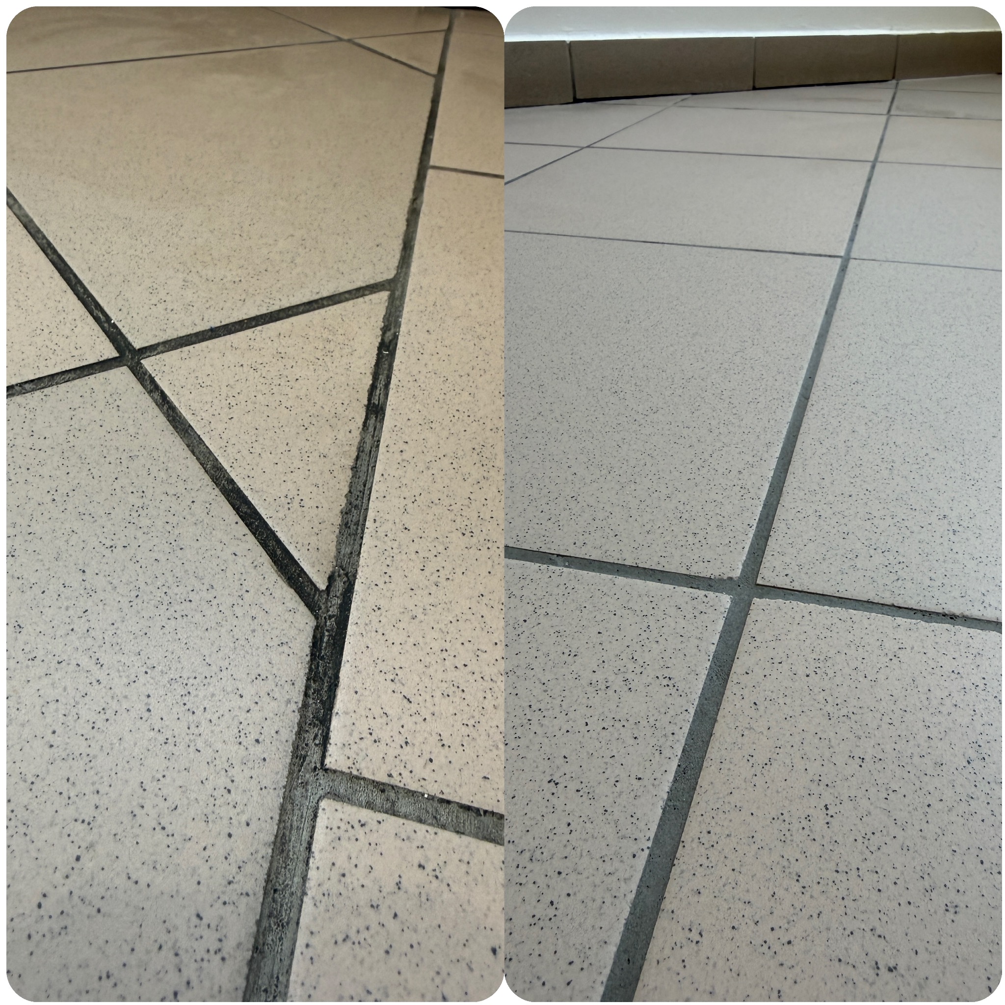 Płytki podłogowe: widok przed i po czyszczeniu fug. Po lewej brudne, po prawej czyste fugi. Beżowe płytki z ciemnymi plamkami.