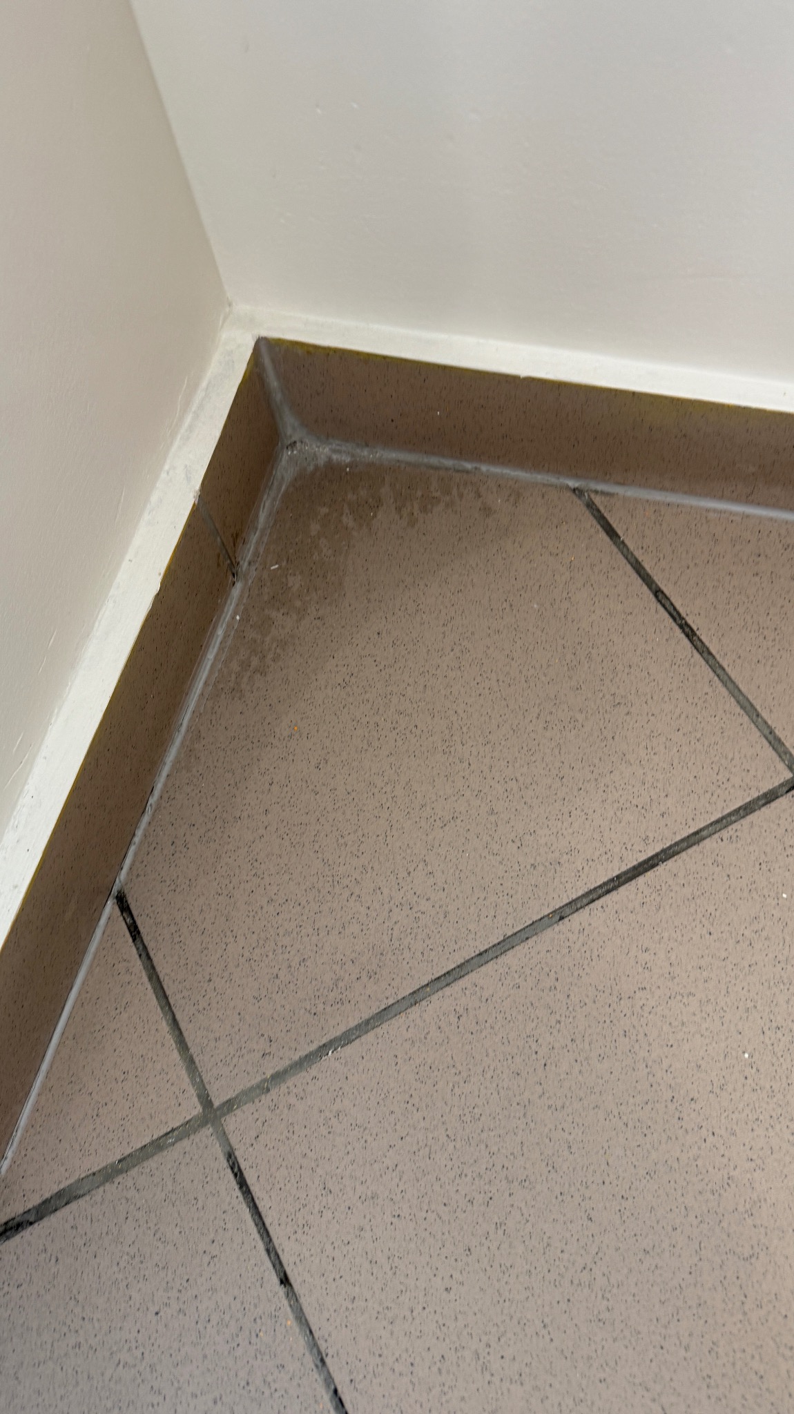 Szczegółowe ujęcie brudnej, brązowej podłogi z płytek w rogu pomieszczenia, ukazujące potrzebę gruntownego czyszczenia fug i krawędzi przy ścianie.