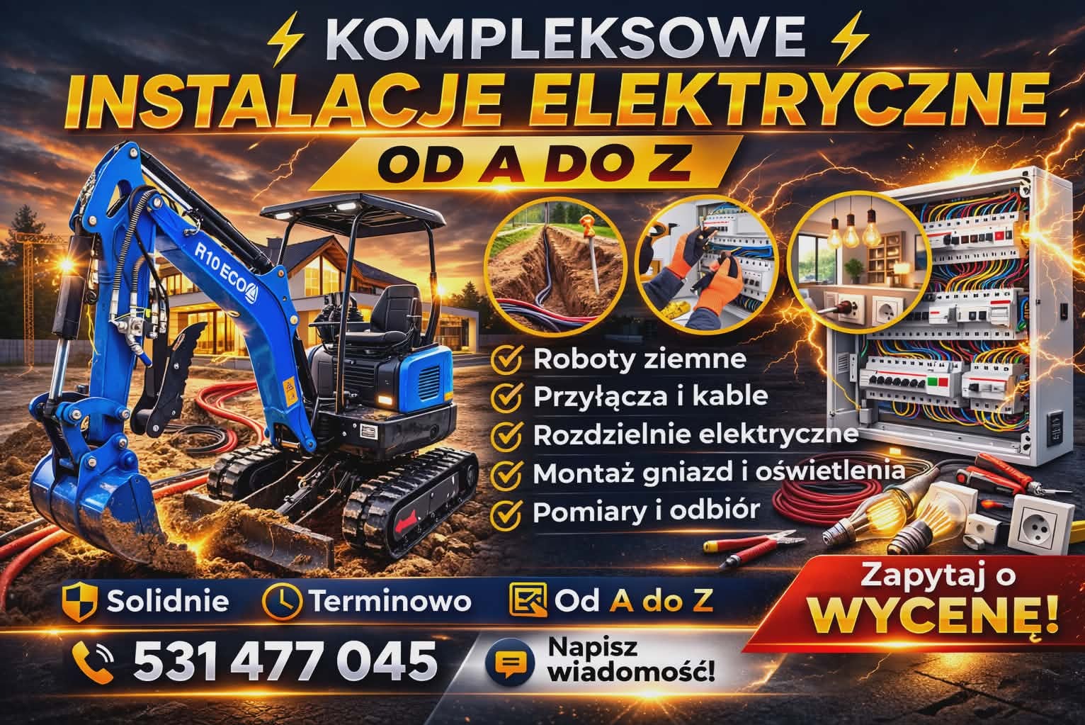 Kompleksowe instalacje elektryczne od A do Z. Mini koparka, rozdzielnia elektryczna, przyłącza kablowe, montaż gniazd i oświetlenia, pomiary i odbiór. Solidnie i terminowo.