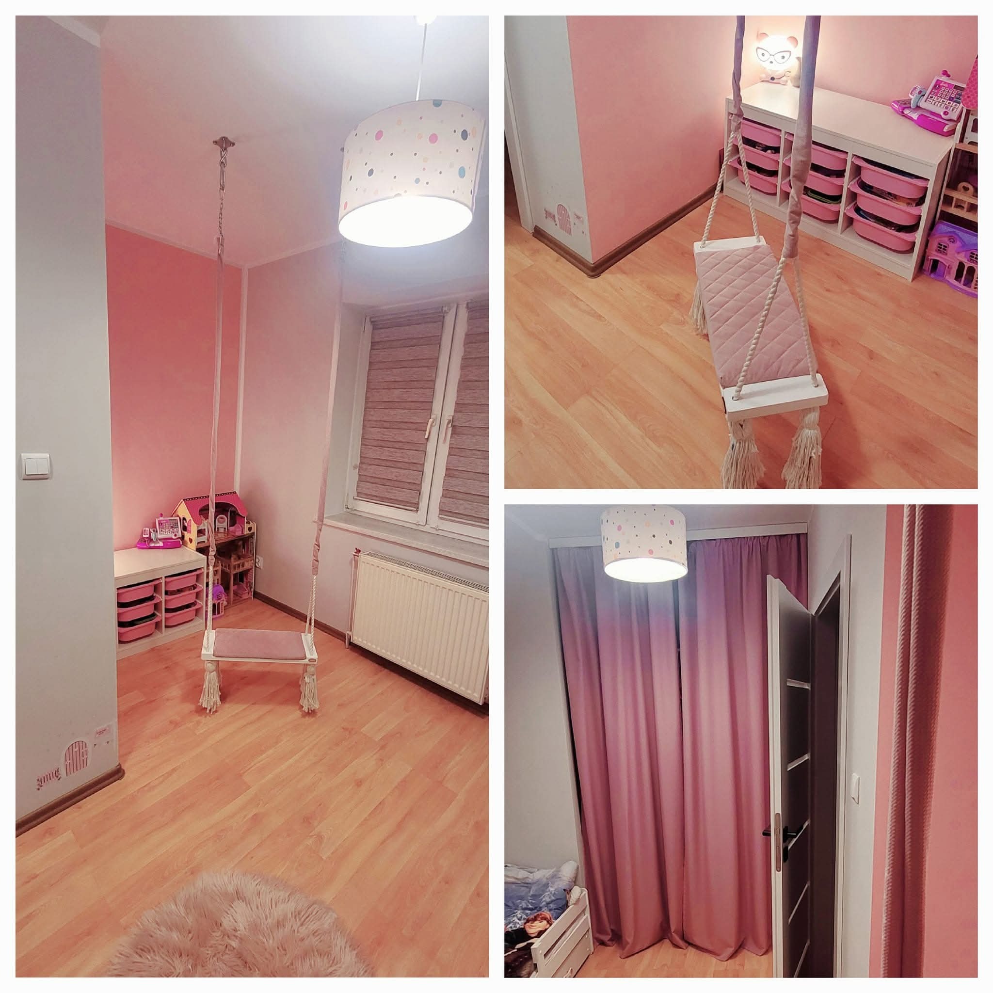 Pokój dziecięcy w odcieniach różu z drewnianą podłogą. W pokoju znajduje się huśtawka na linach, lampa z kolorowymi kropkami i zasłony w odcieniach różu.