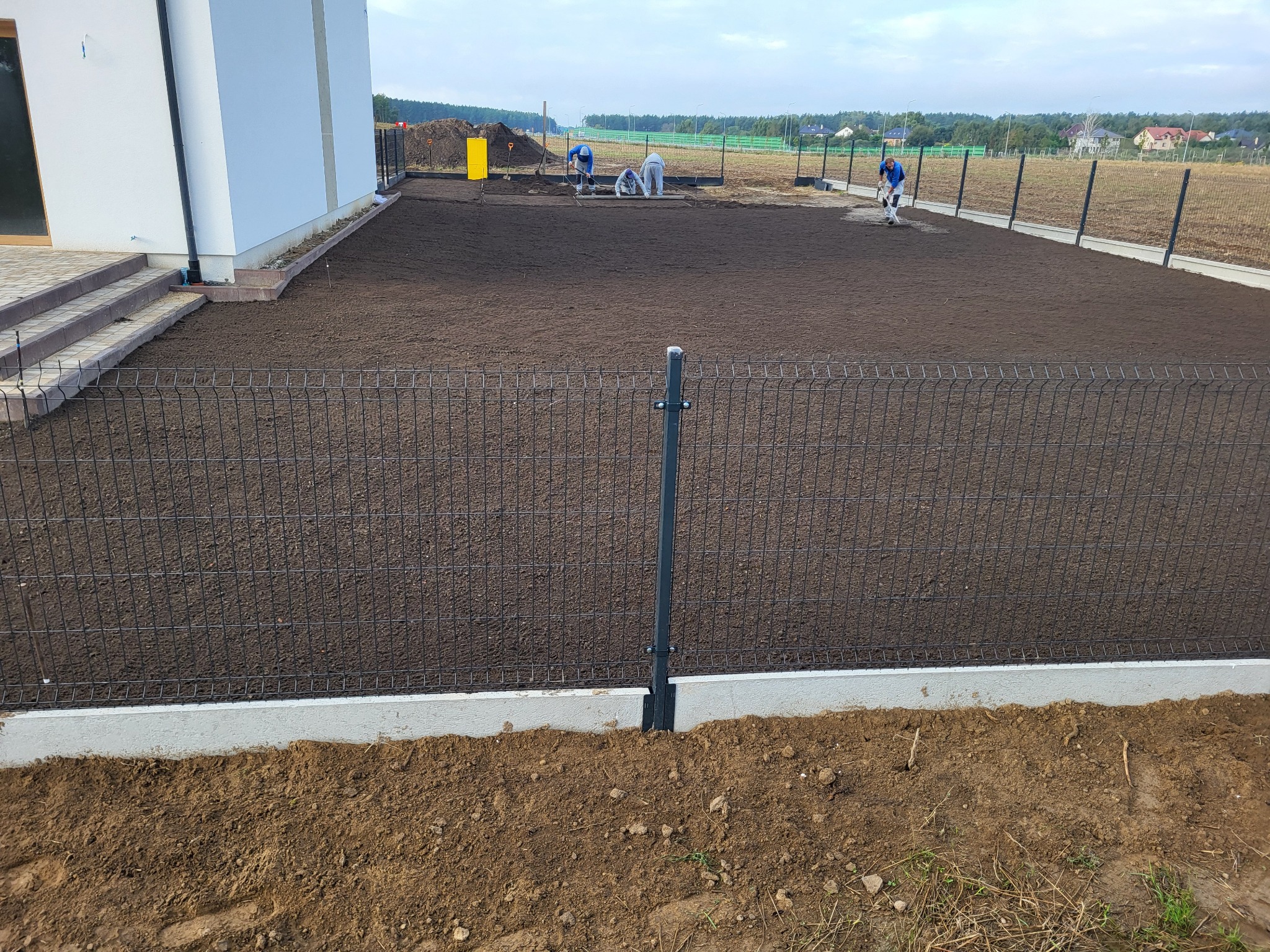 Przygotowanie terenu pod trawnik: wyrównana ziemia, ogrodzenie panelowe z podmurówką, pracownicy w oddali. Widok zza ogrodzenia na posesję.