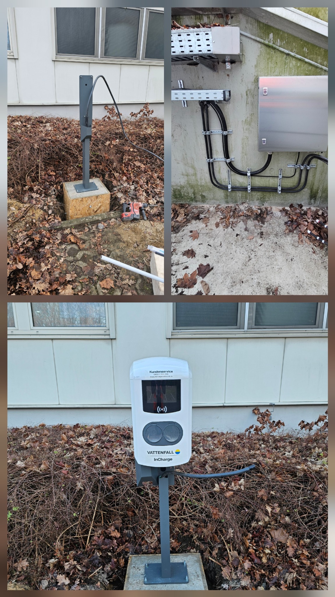 Montaż stacji ładowania pojazdów elektrycznych: widok na etapy prac, od przygotowania podłoża z użyciem wiertarki udarowej po gotową stację Vattenfall InCharge.