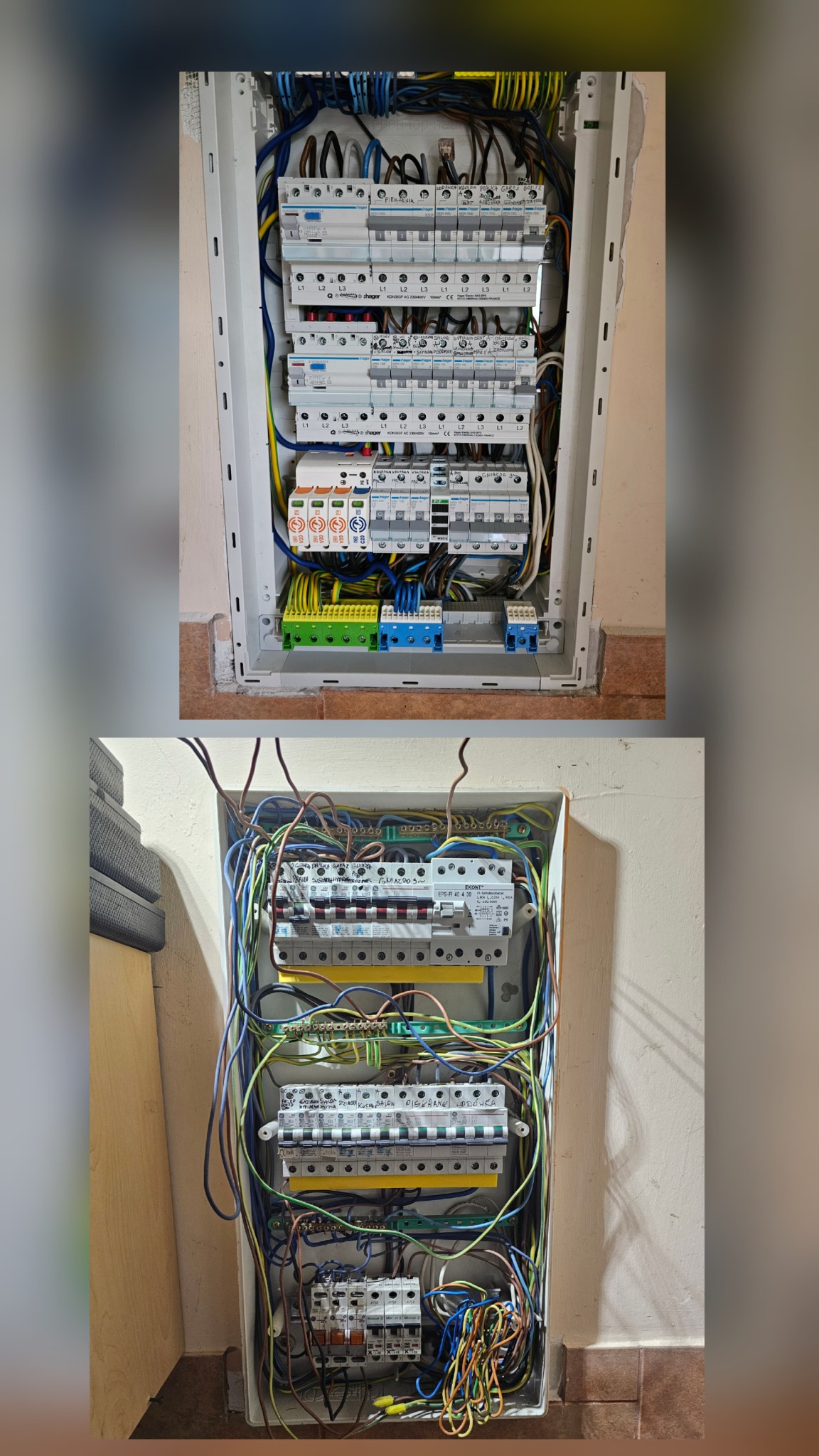 Dwa ujęcia tej samej skrzynki elektrycznej: górne po uporządkowaniu, dolne przed. Widoczne bezpieczniki, przewody i listwy zaciskowe wewnątrz obudowy.