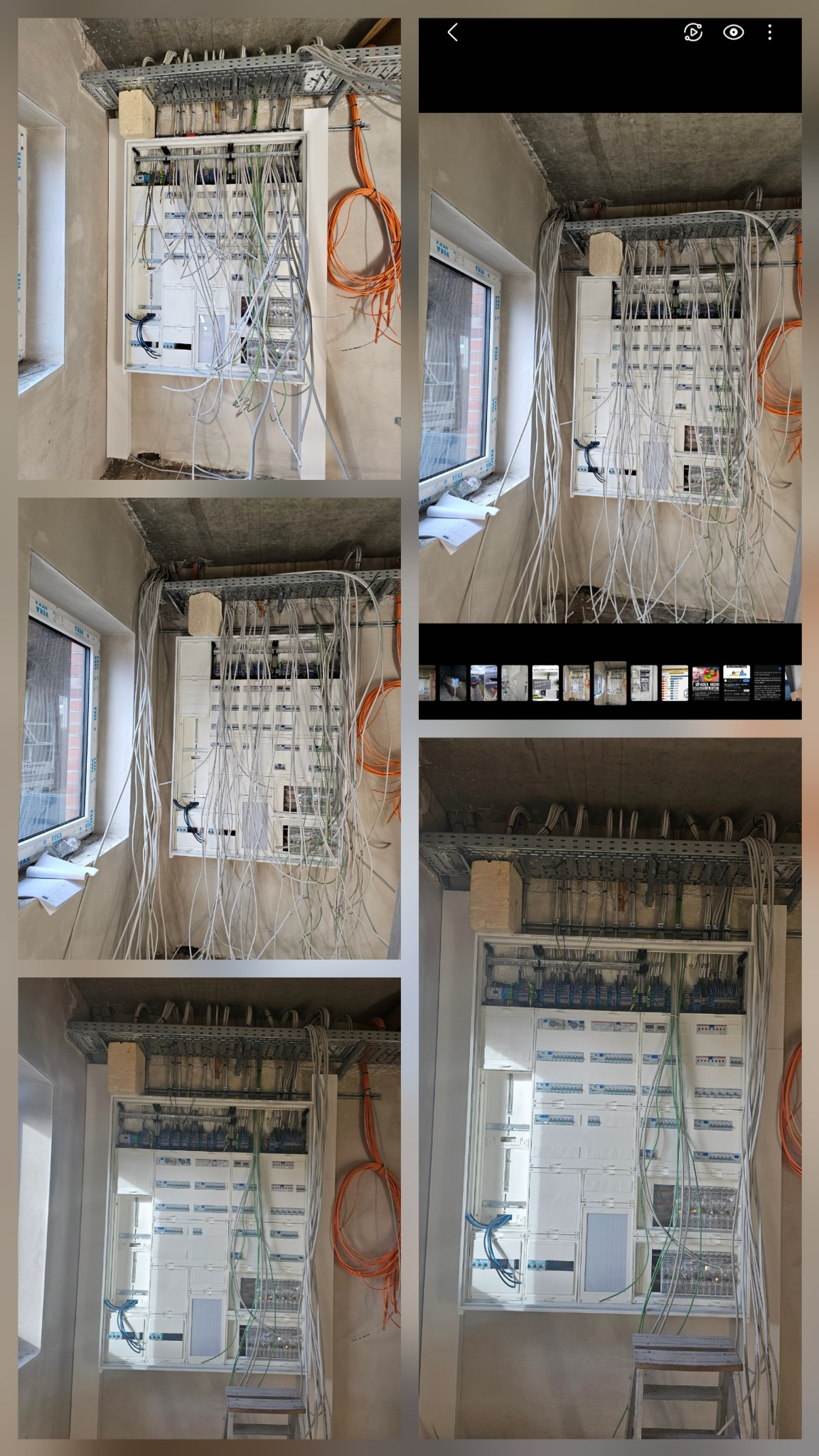 Rozdzielnica elektryczna w trakcie montażu w surowym wnętrzu. Widoczne liczne przewody, listwy montażowe i elementy zabezpieczeń. Etap prac przed wykończeniem.